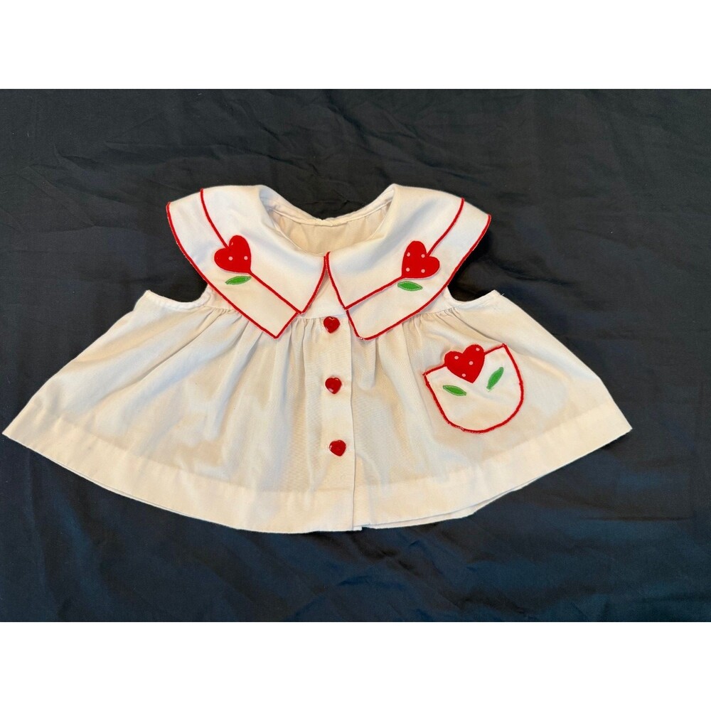 Vintage White Red Heart Embroidered Baby Top Approx 6-9M